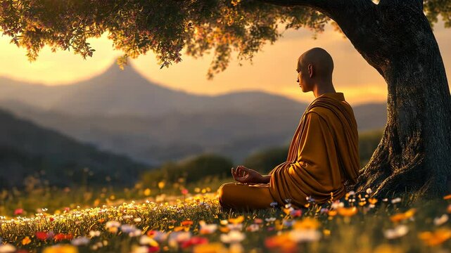 Meditating Person Under Tree at Sunset