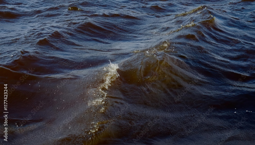 Poster close-up view of gentle brownish waves with sparkling droplets on windy water surface, capturing nat