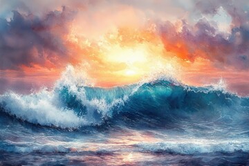 Fototapeta premium dynamic ocean wave watercolor art with vibrant blues and turquoise tones, creating a serene and refreshing summer atmosphere perfect for modern home decor