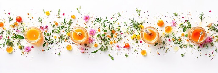 Obraz premium Colorful Drinks Surrounded by Fresh Ingredients and Vibrant Flowers on White Background