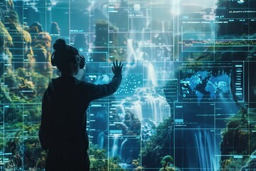 Person Wearing VR Headset Interacting with Digital Display
