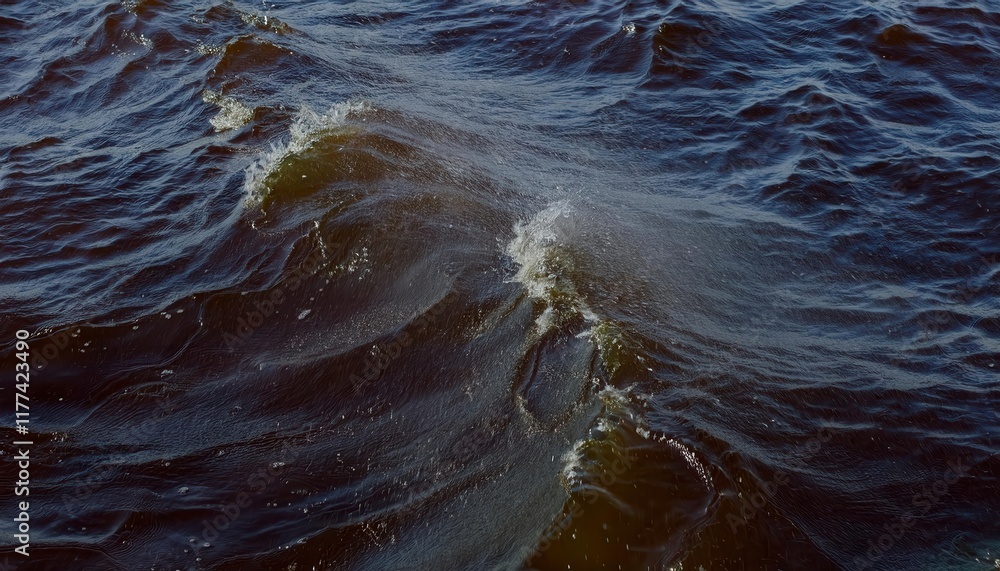 Poster close-up view of gentle brownish waves with sparkling droplets on windy water surface, capturing nat