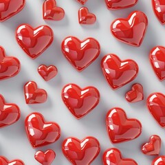 Fototapeta premium Top view seamless pattern with red hearts on white background