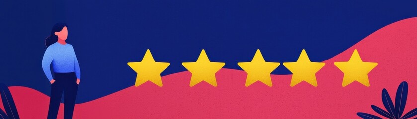 Fototapeta premium A person stands beside five golden stars on a vibrant background, symbolizing high ratings or excellent reviews.