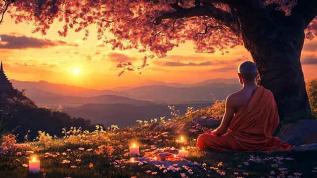 Monk Meditating by River at Sunset