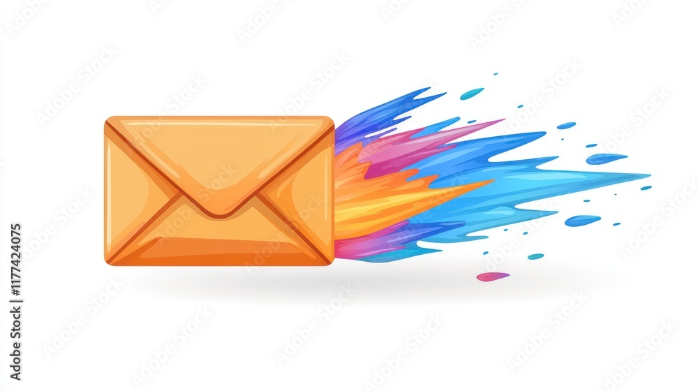 Poster fast email delivery: a vibrant illustration of a speeding envelope leaving a colorful trail, symboli