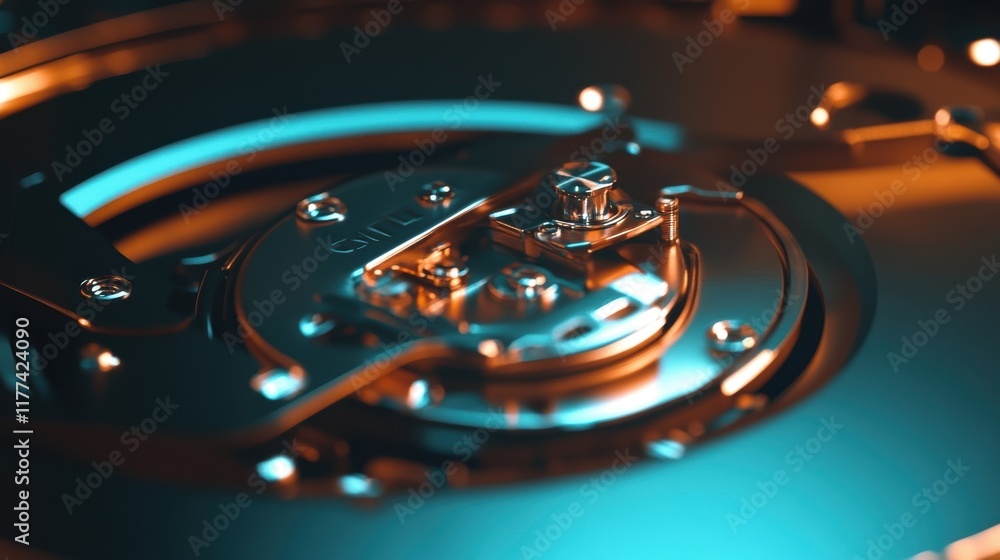 Poster close up of the internal components of a hard disk drive, showcasing the intricate mechanics of data
