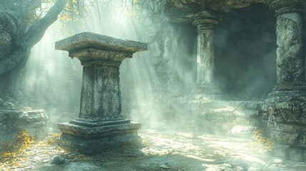 Stone altar in misty forest ruins with sunbeams