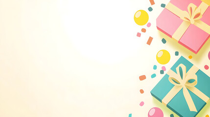 Brightly colored birthday gift boxes with ribbons and confetti create festive atmosphere. Perfect for celebrations and special occasions, these gifts add joy and excitement
