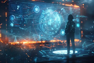 A lone figure stands before a futuristic, glowing screen displaying data and networks.