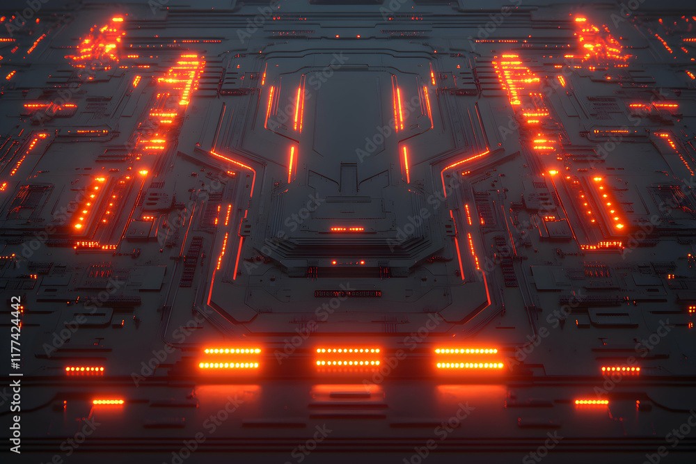 Poster futuristic digital circuit board with glowing orange lines and leds. abstract technology background 