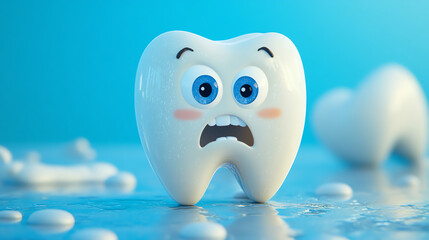 Obraz premium Worried tooth character with teary eyes, dental anxiety concept