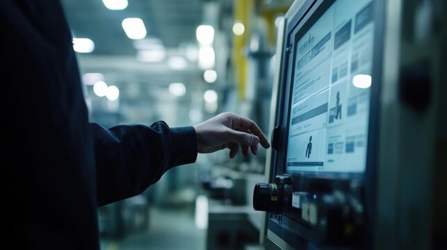 Inside a factory, an industrial worker uses a touch screen control panel to operate and monitor machinery, showcasing automation and advanced technology in modern manufacturing