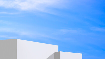 Background white podium step against blue summer sky, Minimal 3d platform step backdrop for cosmetic product display presentation, illustration