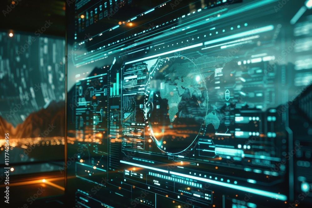 Poster futuristic digital interface with world map display