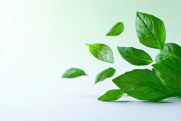 Fototapeta premium Fresh Green Basil Leaves Falling on Light Background