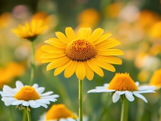 Obraz premium Bright Yellow Daisy Flower Surrounded by White Daisies in a Colorful Garden Setting