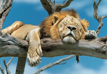 Wild male lion sleeping on a thick branch of a dead tree in the African savannah on a sunny day with a blue sky and white clouds
