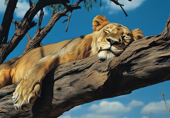 Wild female lion sleeping on a thick branch of a dead tree in the African savannah on a sunny day with a blue sky and white clouds