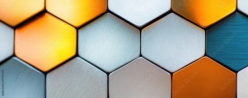 Poster close-up of colorful hexagon patterns in metallic hues.