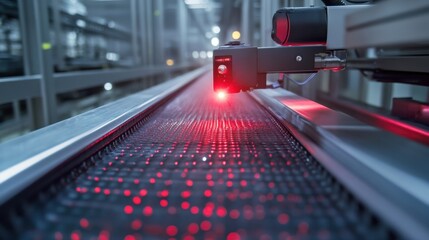 Red laser beam scanning products moving on automated conveyor belt system in modern industrial factory, ensuring quality control and efficient production process