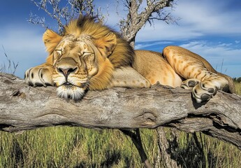 Wild male lion sleeping on a thick branch of a dead tree in the African savannah on a sunny day with a blue sky and white clouds