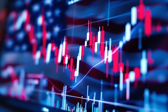 Candlestick chart with American flag in background, representing financial data and forex market trends, in a digital futuristic style. Ai generative