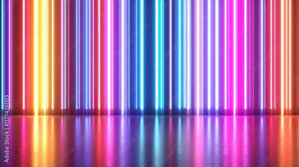 Poster vibrant neon lights reflecting on a glossy surface a stunning display of colorful vertical lines