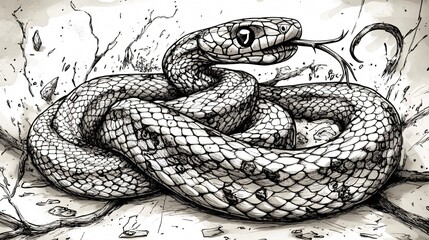 Obraz premium Intricate Ink Drawing of a Coiled Snake: A Monochrome Masterpiece