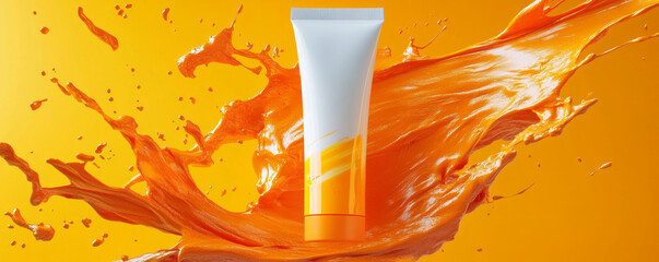 Modern sunscreen tube with vibrant orange splash, perfect for summer protection. This design captures essence of fun and safety in sun care