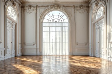 Sunlit empty classical palace ballroom with arched window and parquet floor