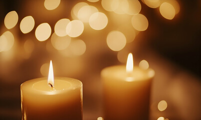 Candlelight Ambiance: Two burning candles illuminate a space with their warm glow, creating a serene and inviting atmosphere. The soft bokeh effect of the background adds a touch of magic. 