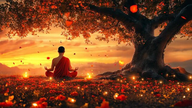 Meditating Person Under Tree with Lights