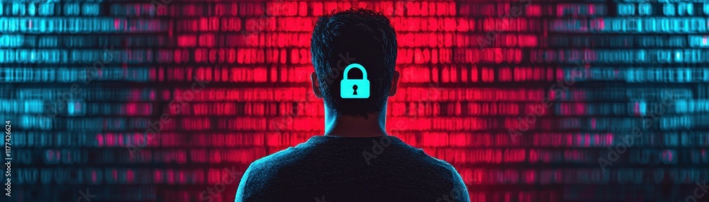 Poster a silhouette of a person with a lock symbol on the head, set against a backdrop of glowing binary co