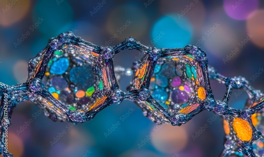 Poster microscopic view of colorful molecular structure.