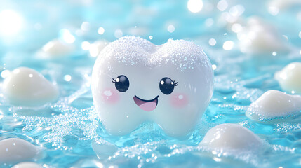 Sweet tooth character with water splashes, dental hygiene concept