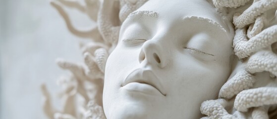 a close up of a white sculpture with eyes closed and coiled snakes