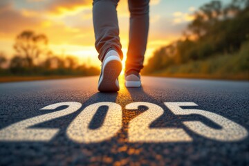 Close-up of a person's legs walking towards the horizon on a road with 2025 written, glowing sunset in the background, concept of future journey. Ai generative