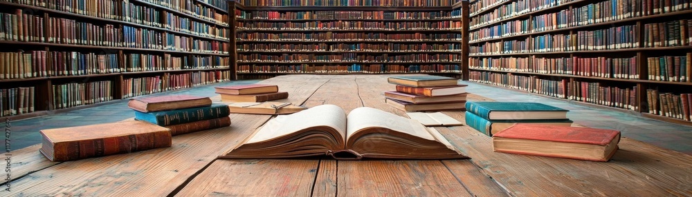 Poster a quiet library scene with open book and stacked volumes.