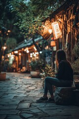 Obraz premium An inviting street illuminated by warm light sets a cozy atmosphere for leisurely evening strolls.