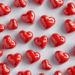 Fototapeta premium Top view seamless pattern with red hearts on white background