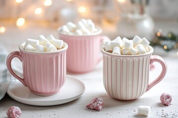  Three pink mugs of hot chocolate with marshmallows and festive lights in the background