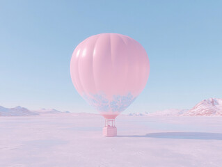 Obraz premium a large, pink hot air balloon with blue floral designs, floating over a snowy landscape with two ornate, white stone structures in the background. The sky is clear with a few scattered clouds.