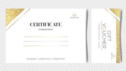 Minimalistic template for gift voucher. Set of gift certificates with gold glitter. Paper sheet for diploma, business, certificates, prizes and companies.