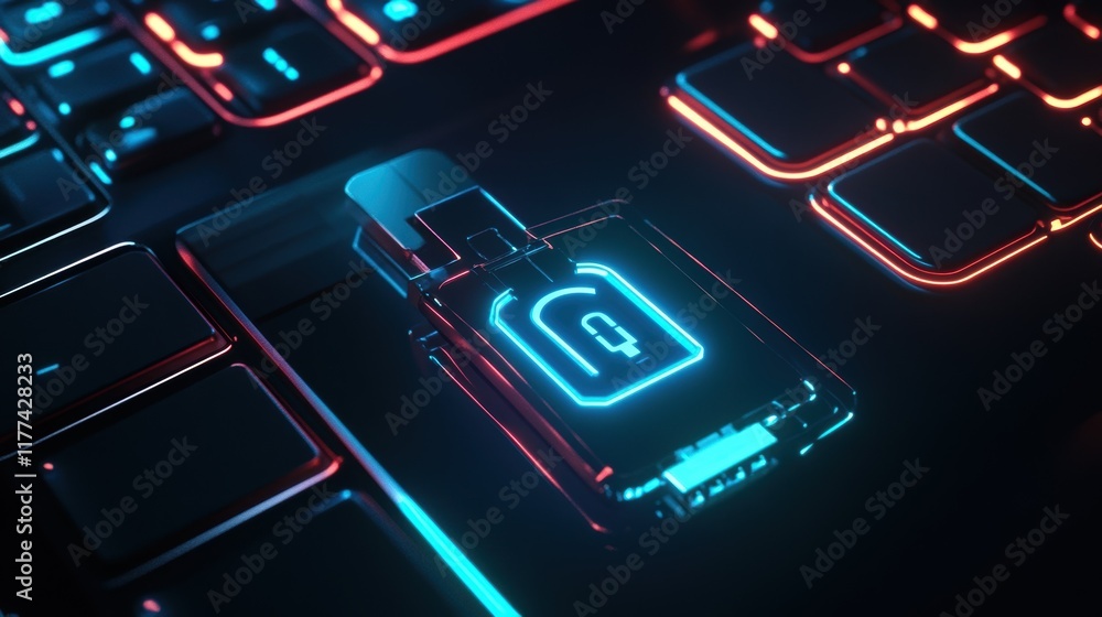 Aufkleber futuristic security key glowing with neon light is inserted into modern keyboard, enhancing data pro