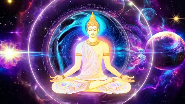 Meditating Buddha with Cosmic Planets and Energy Ring