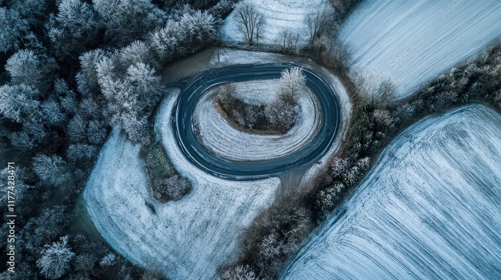 Poster Aerial view of a winding road through frosty fields and trees.
