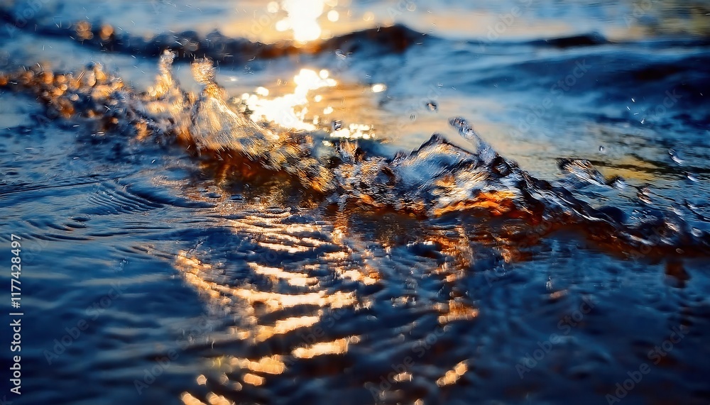 Poster close-up of sunlit water ripples and splashing waves at sunset with golden reflections and shimmerin