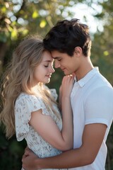 Fototapeta premium A couple enjoys a serene moment together in soft sunlight.