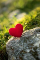 Obraz premium A charming red felt heart placed on a rock amidst greenery.